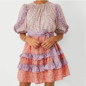 Ann Taylor Puff Sleeve Floral Ruffle Flare Dress Size 8